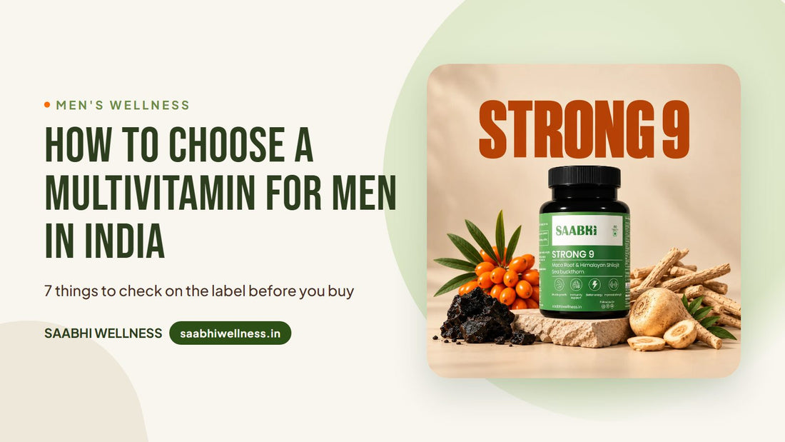 Saabhi Strong 9 daily multivitamin for men with sea buckthorn, shilajit and maca root, banner for how to choose a multivitamin in India