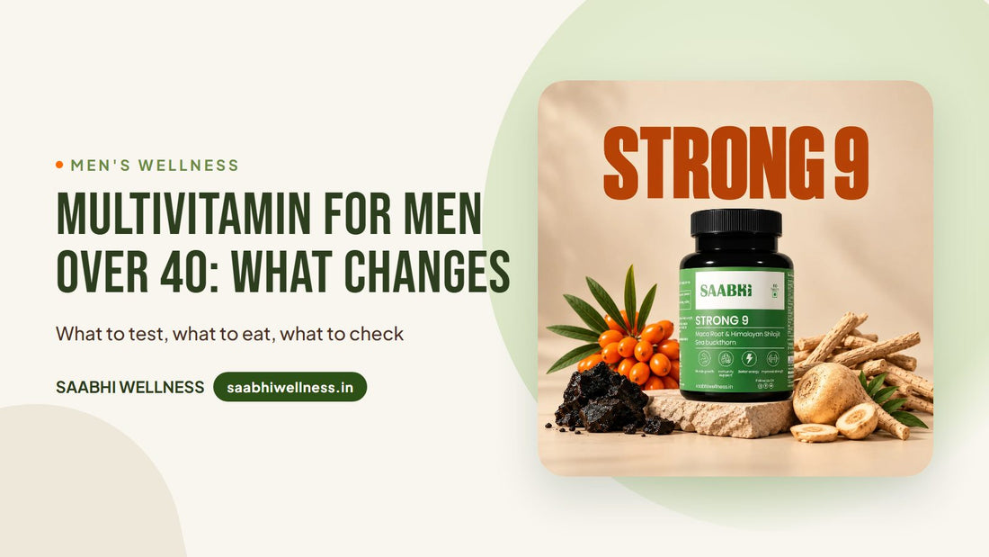 Saabhi Strong 9 daily multivitamin for men with sea buckthorn, shilajit and maca root, banner for Multivitamin for Men Over 40